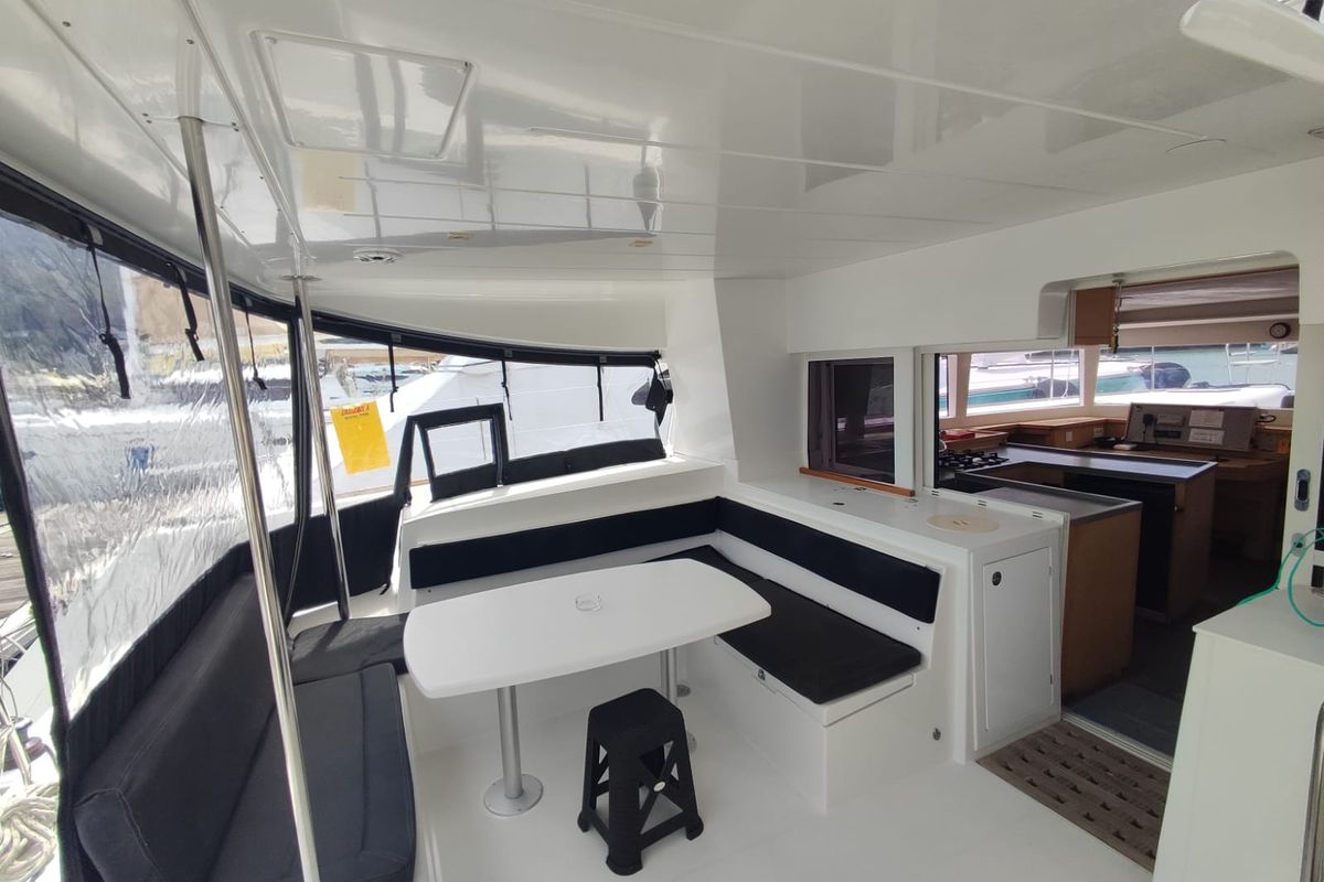 Deck of Maui, a Lagoon 450 Sport catamaran at Eden Island Marina, Seychelles