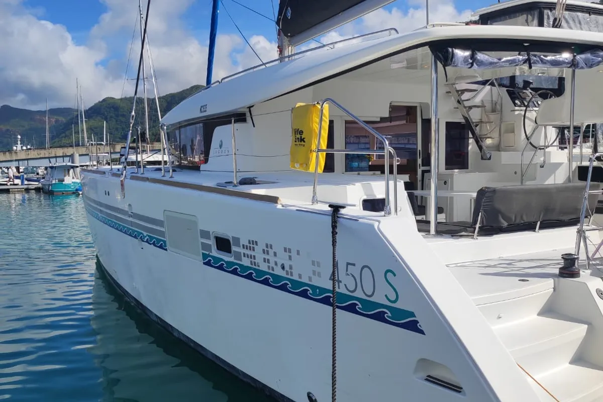 Exterior view of Maui, a Lagoon 450 Sport catamaran at Eden Island Marina, Seychelles