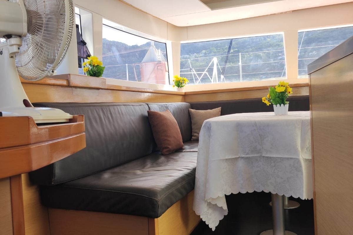 Salon of Maui, a Lagoon 450 Sport catamaran at Eden Island Marina, Seychelles
