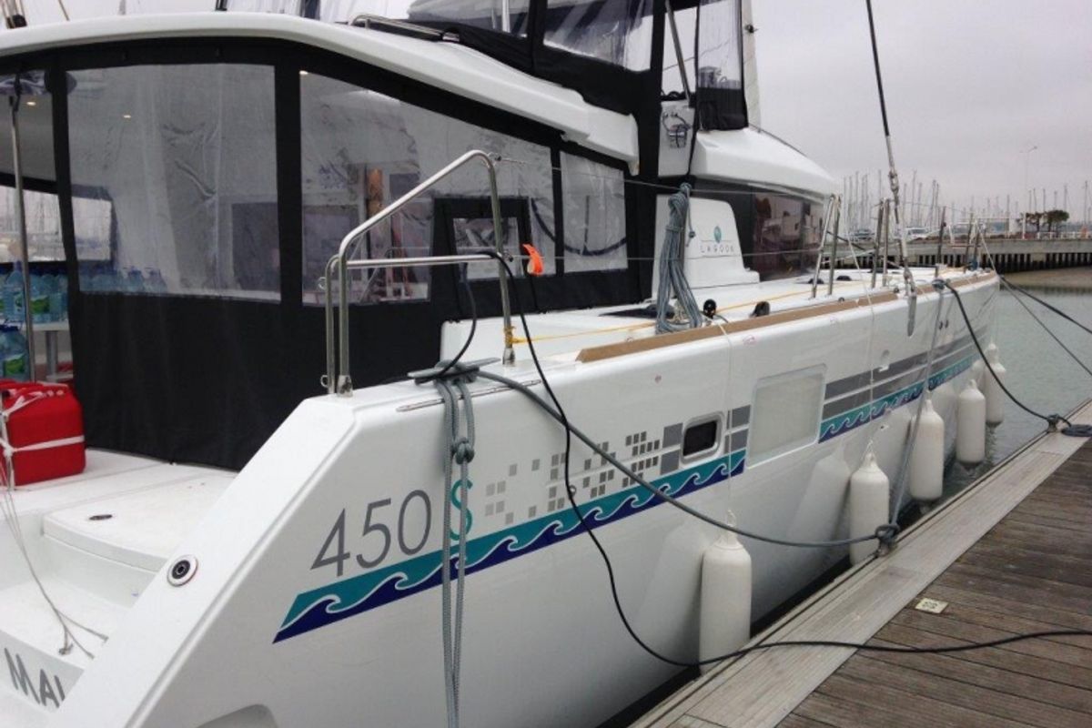 Exterior view of Maui, a Lagoon 450 Sport catamaran at Eden Island Marina, Seychelles