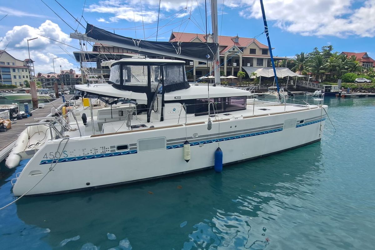 Exterior view of Maui, a Lagoon 450 Sport catamaran at Eden Island Marina, Seychelles