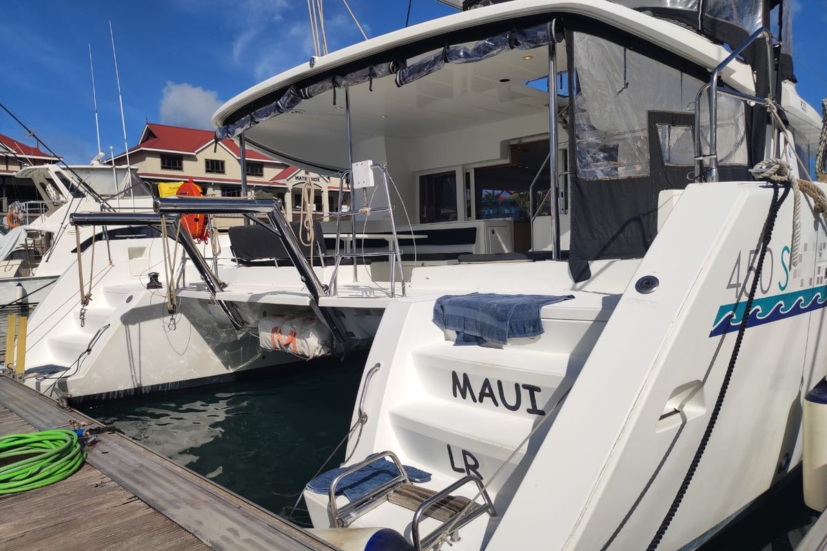 Exterior view of Maui, a Lagoon 450 Sport catamaran at Eden Island Marina, Seychelles
