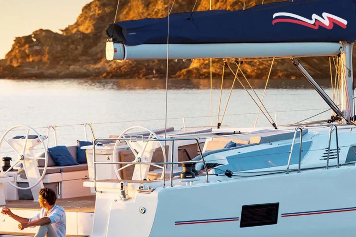 Exterior view of Moorings 46.3 Exclusive, a Beneteau Oceanis 46.1 sailboat at English Harbour, Antigua and Barbuda
