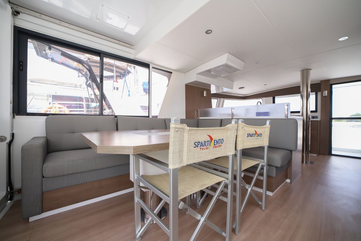 Salon of Avocado, a Bali 4.6 catamaran at Olbia, Italy