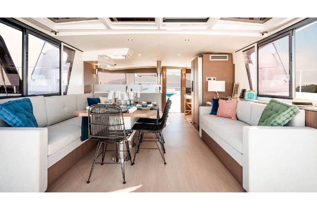 Salon of Avocado, a Bali 4.6 catamaran at Olbia, Italy