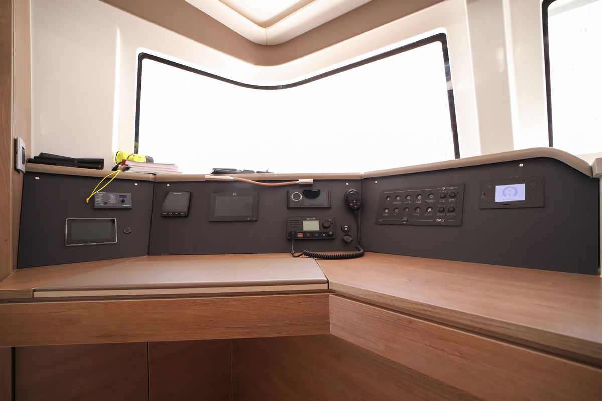 Cockpit of Avocado, a Bali 4.6 catamaran at Olbia, Italy