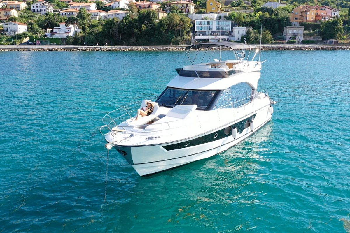 Exterior view of Nora, a Beneteau Monte Carlo 52 motorboat at Seget Donji, Croatia