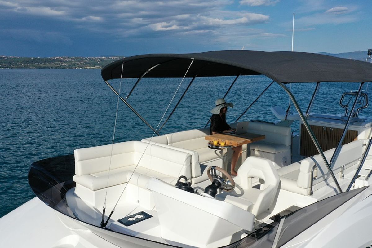 Deck of Nora, a Beneteau Monte Carlo 52 motorboat at Seget Donji, Croatia