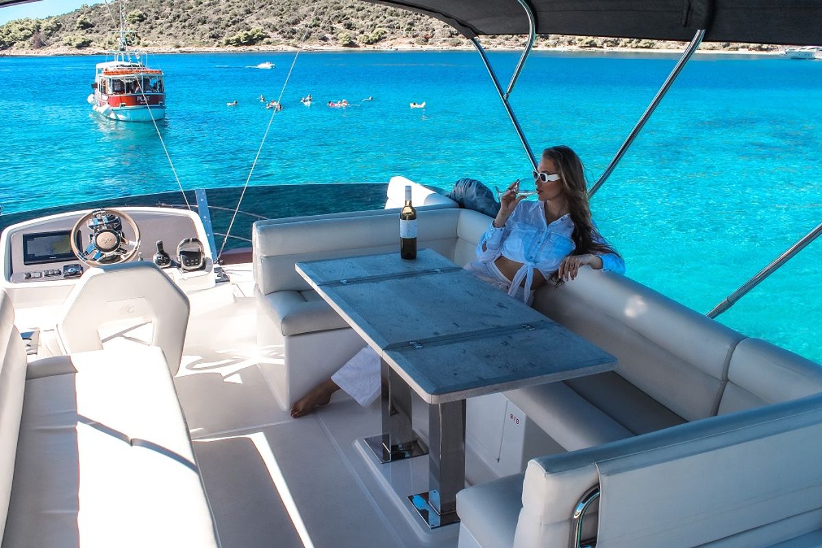 Deck of Nora, a Beneteau Monte Carlo 52 motorboat at Seget Donji, Croatia