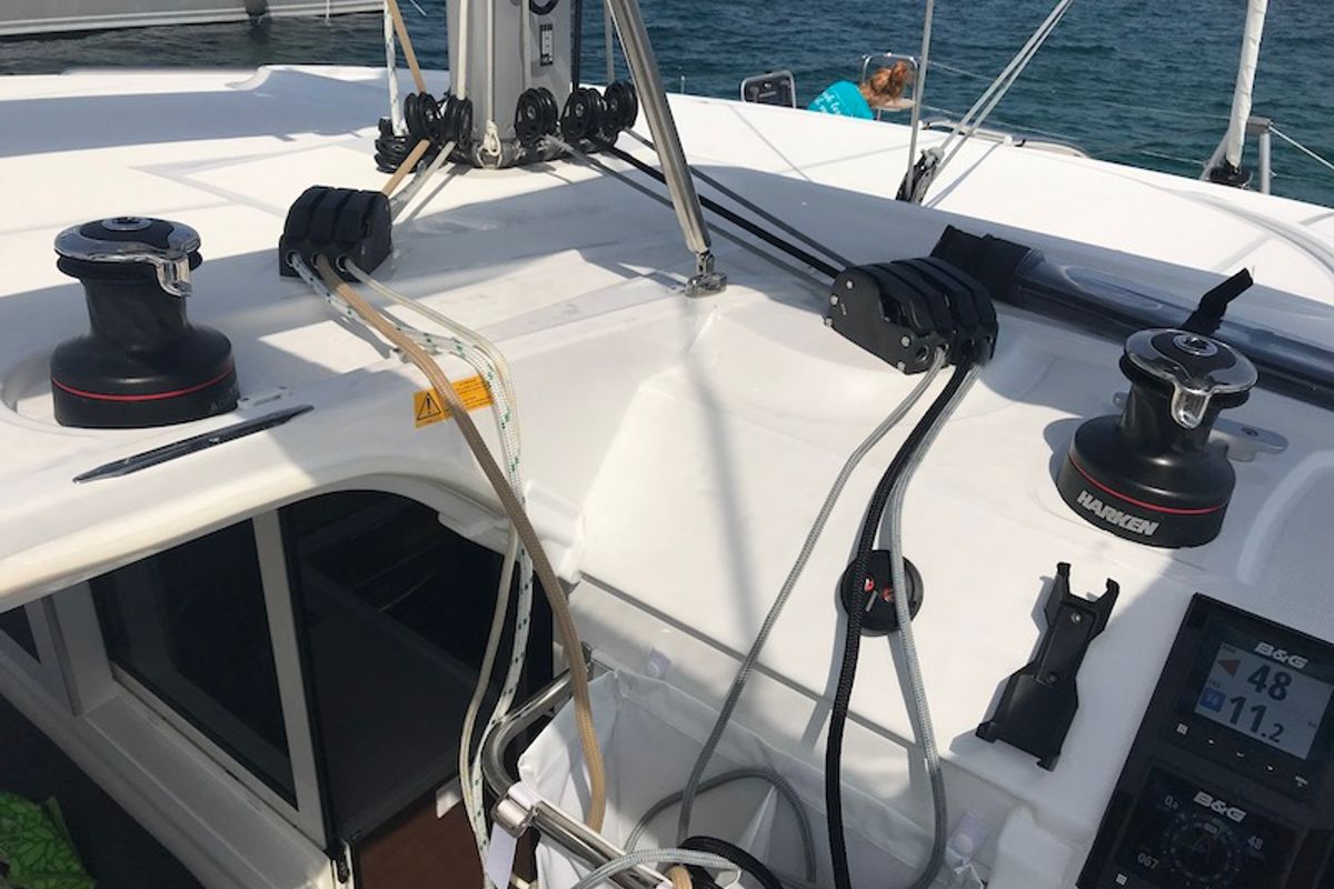 Cockpit of Freccia, a Lagoon 40 catamaran at Salerno, Italy