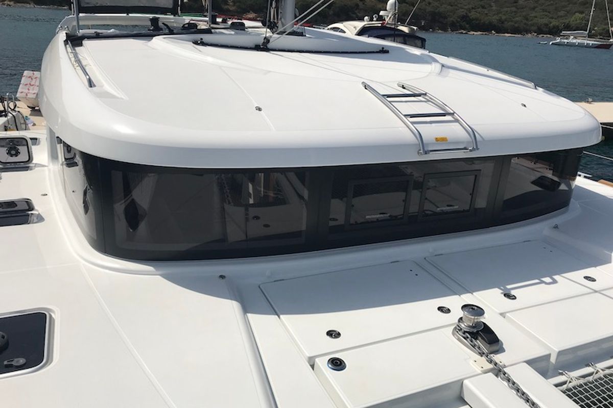 Deck of Freccia, a Lagoon 40 catamaran at Salerno, Italy