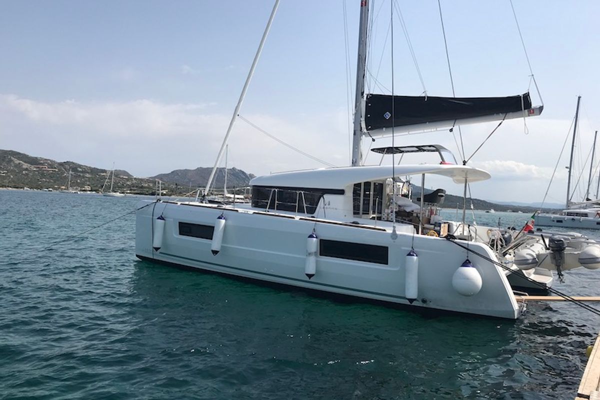 Exterior view of Freccia, a Lagoon 40 catamaran at Salerno, Italy