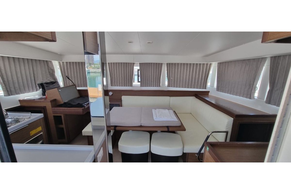 Salon of Freccia, a Lagoon 40 catamaran at Salerno, Italy