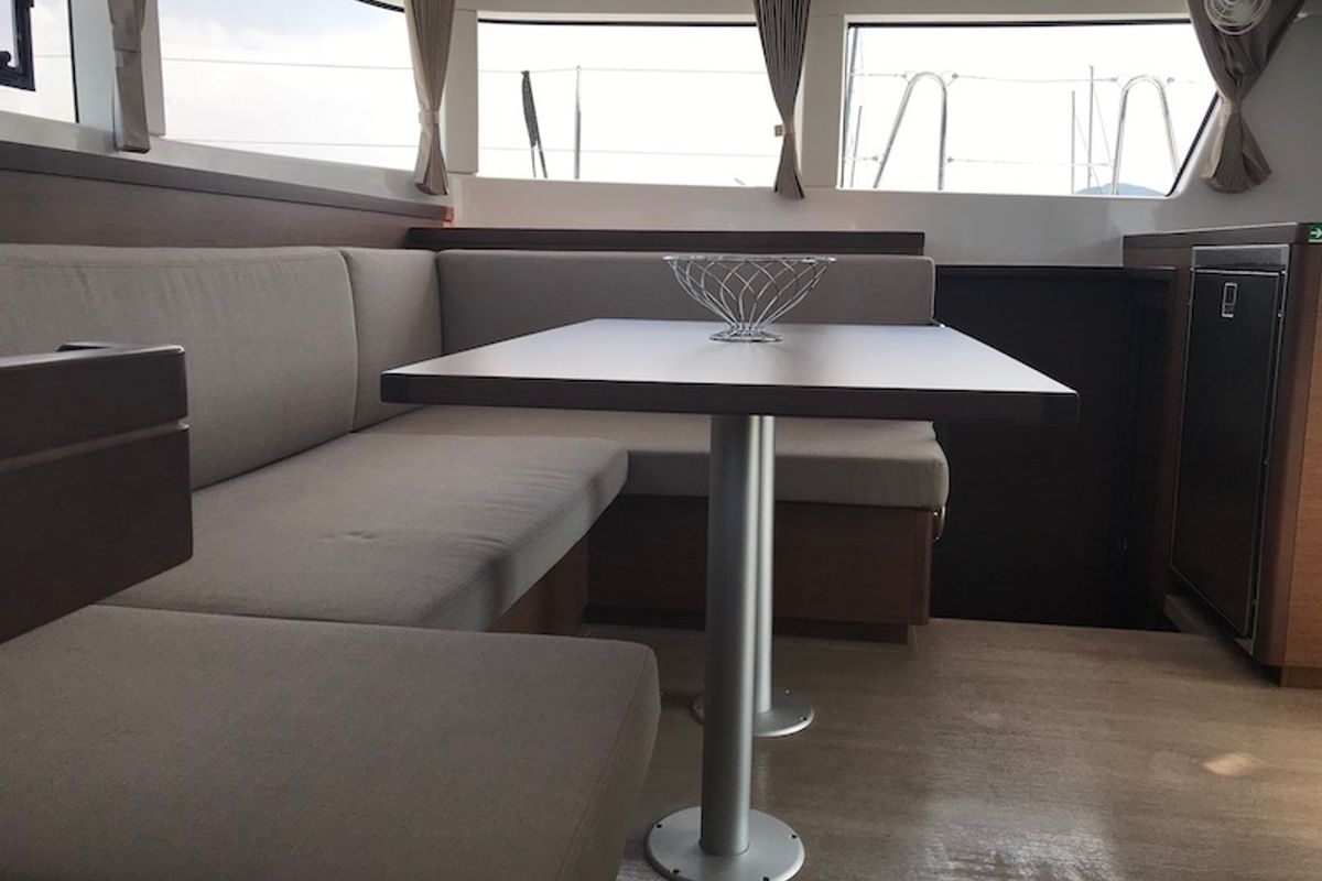 Salon of Freccia, a Lagoon 40 catamaran at Salerno, Italy