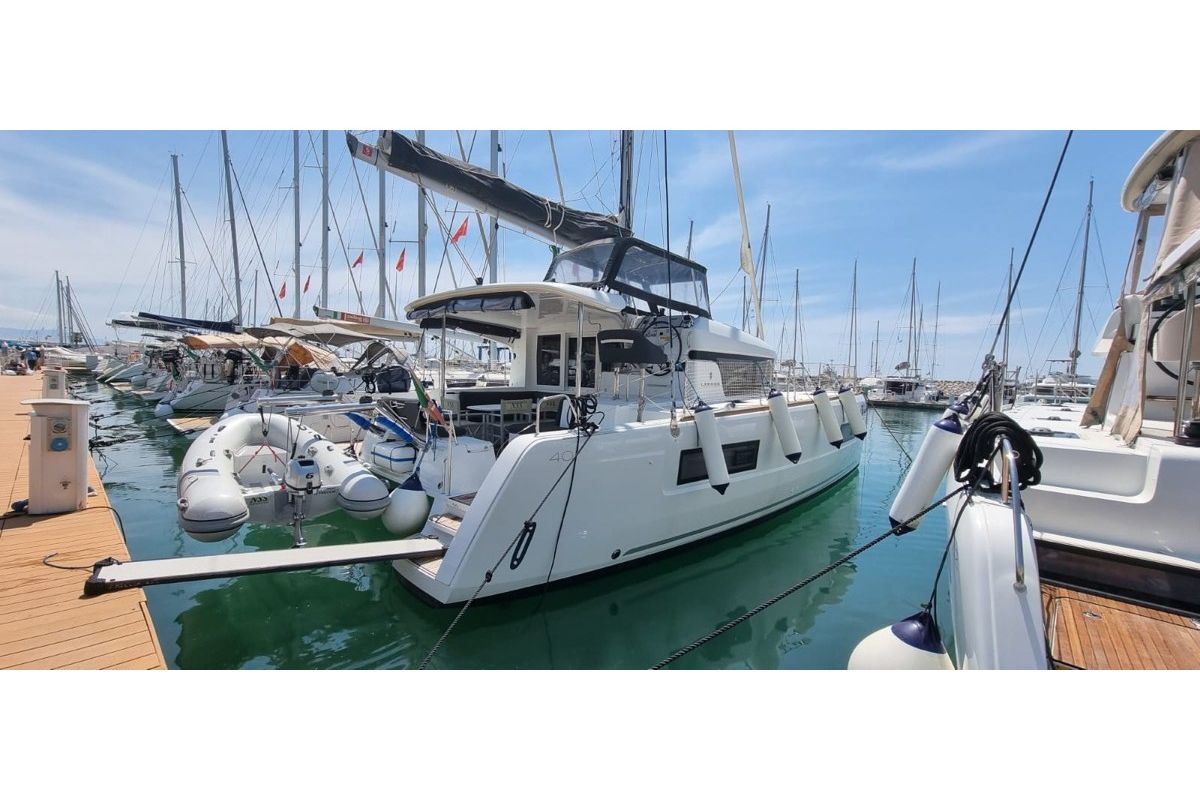 Exterior view of Freccia, a Lagoon 40 catamaran at Salerno, Italy
