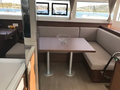Salon of Freccia, a Lagoon 40 catamaran at Salerno, Italy