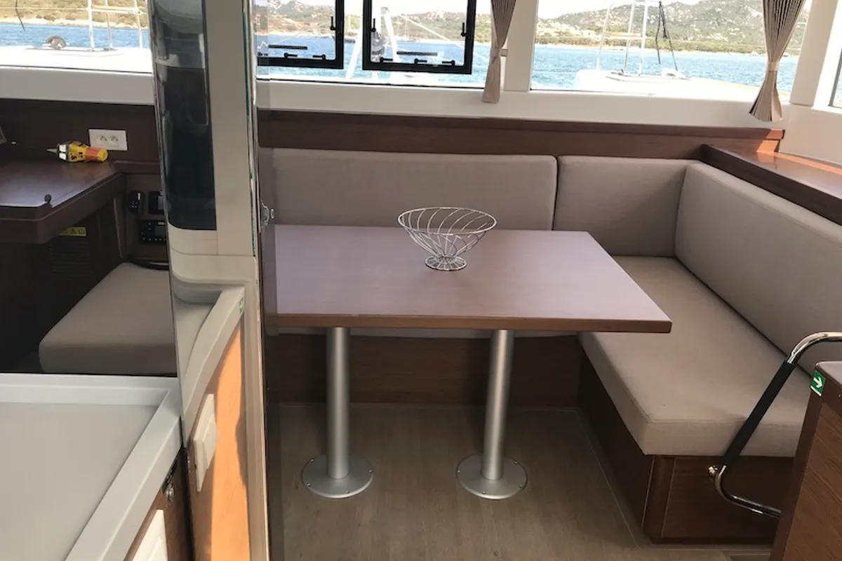 Salon of Freccia, a Lagoon 40 catamaran at Salerno, Italy
