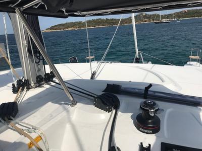 Cockpit of Freccia, a Lagoon 40 catamaran at Salerno, Italy