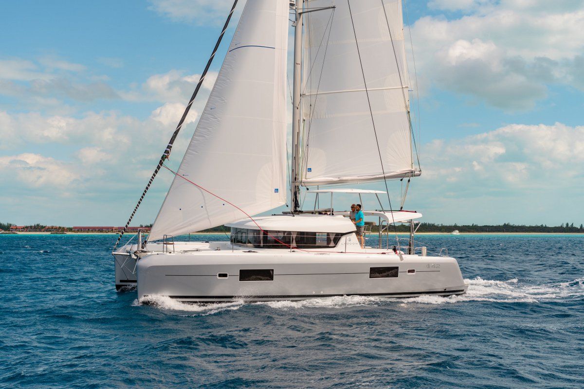 Exterior view of Zil II, a Lagoon 42 catamaran at Seychelles, Mahe, Seychelles