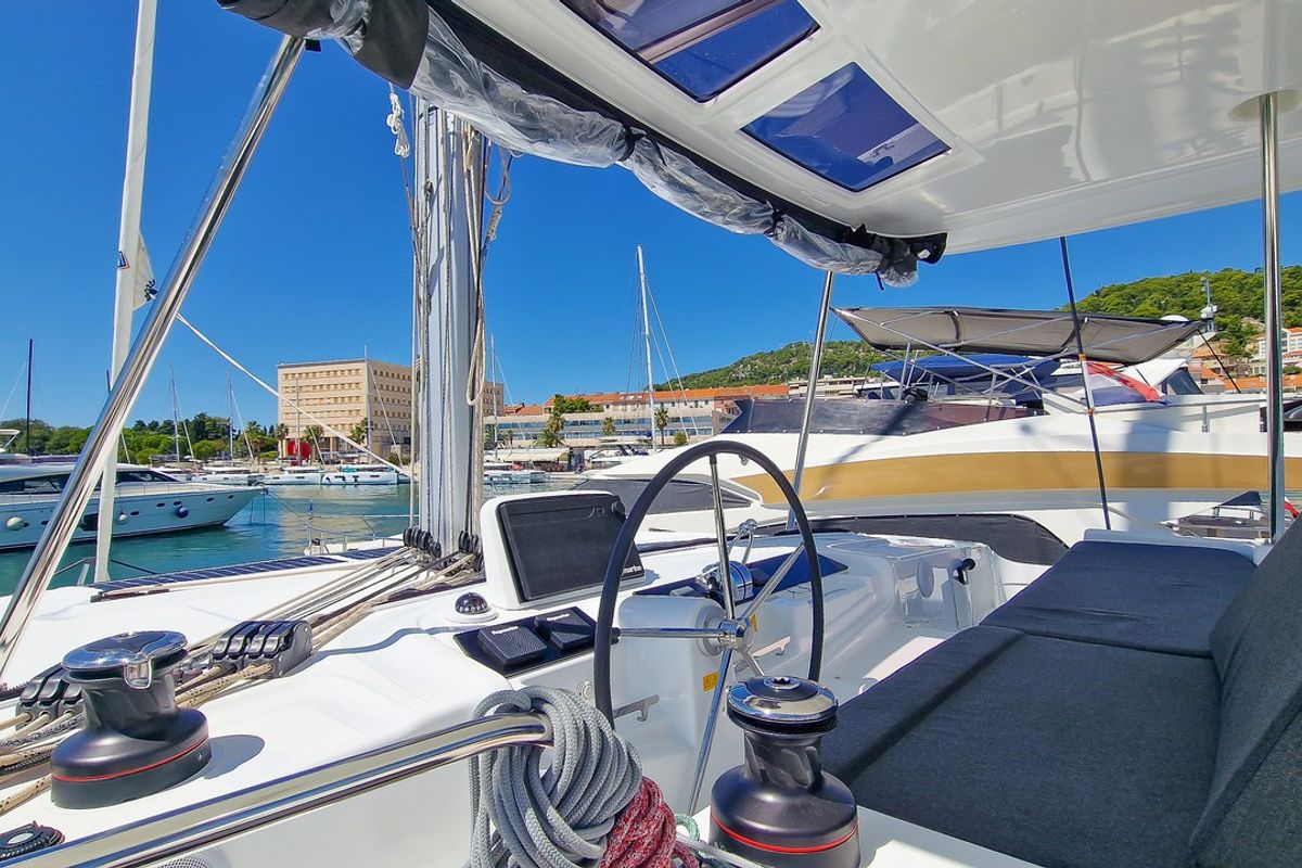 Cockpit of Felicita, a Lagoon 46 catamaran at Split, Croatia