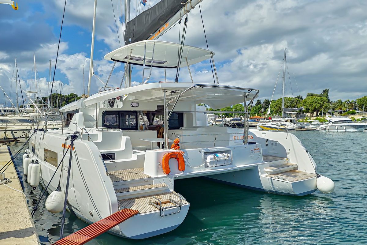 Exterior view of Felicita, a Lagoon 46 catamaran at Split, Croatia