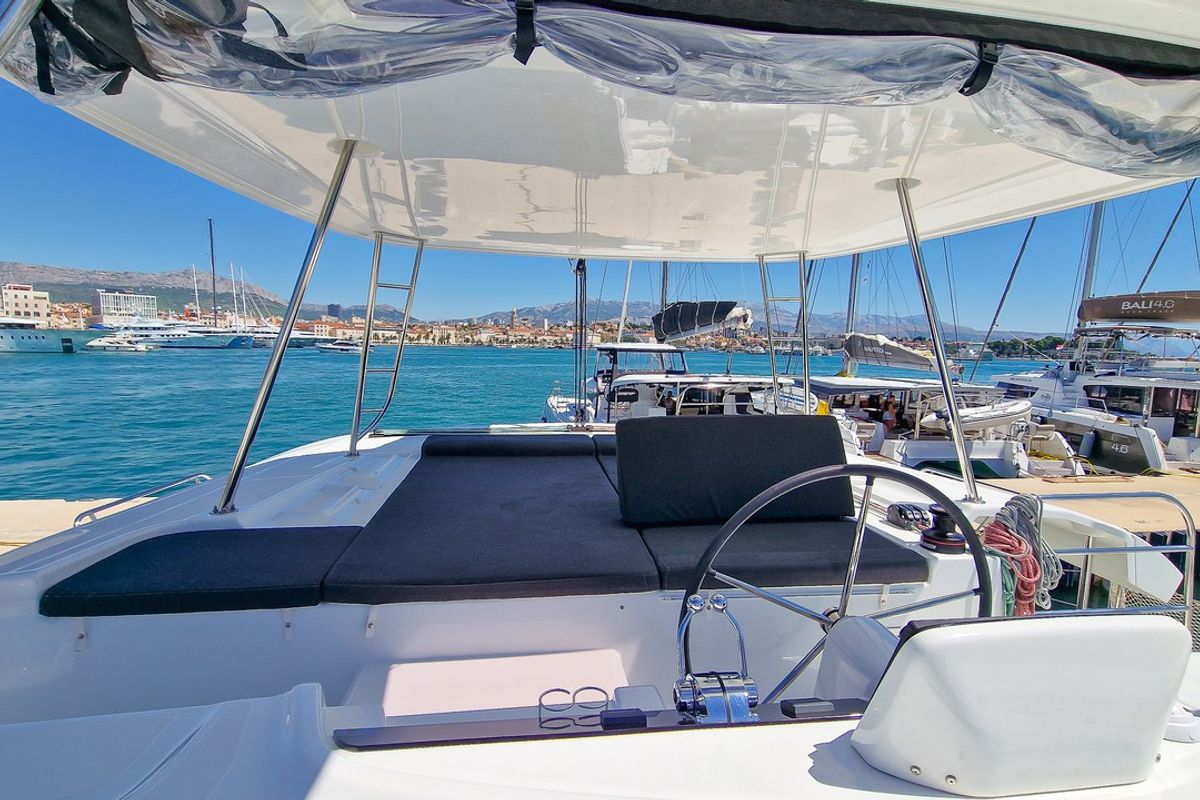 Cockpit of Felicita, a Lagoon 46 catamaran at Split, Croatia