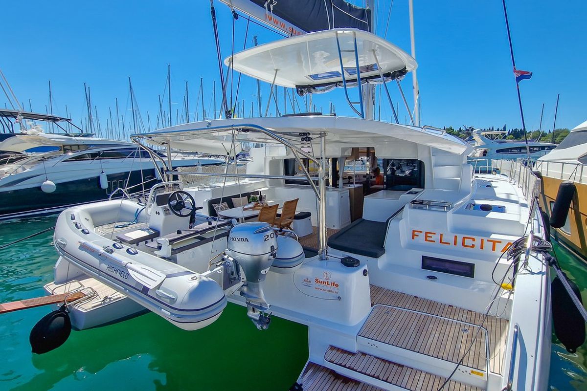 Exterior view of Felicita, a Lagoon 46 catamaran at Split, Croatia