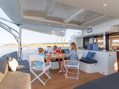 Deck of Aurora, a Lagoon 46 catamaran at Municipal Unit of Anaktorio, Greece
