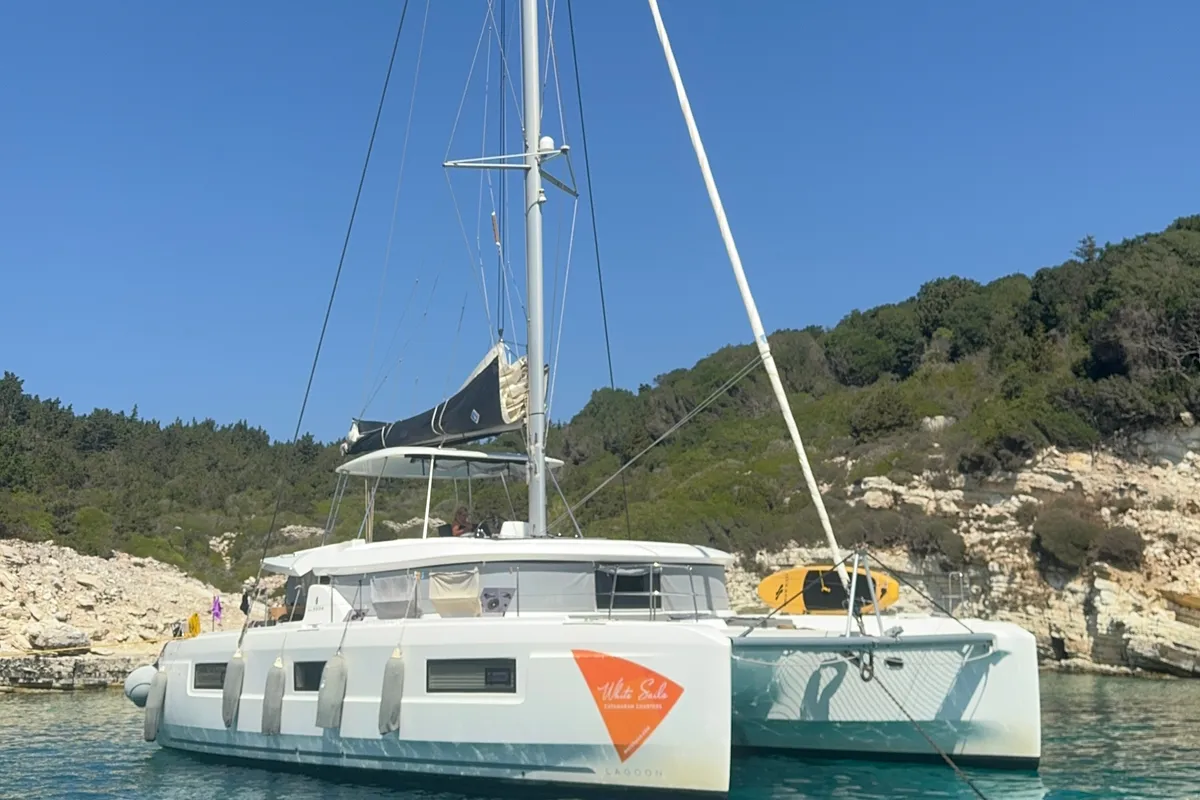 Exterior view of Aurora, a Lagoon 46 catamaran at Municipal Unit of Anaktorio, Greece