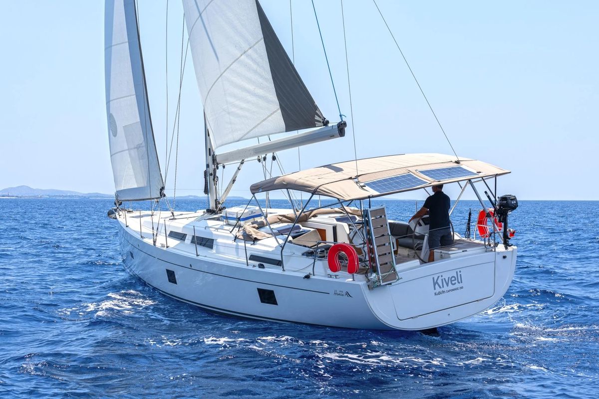 Exterior view of Kiveli, a Hanse Yachts Hanse 458 sailboat at Lavreotiki Municipal Unit, Greece