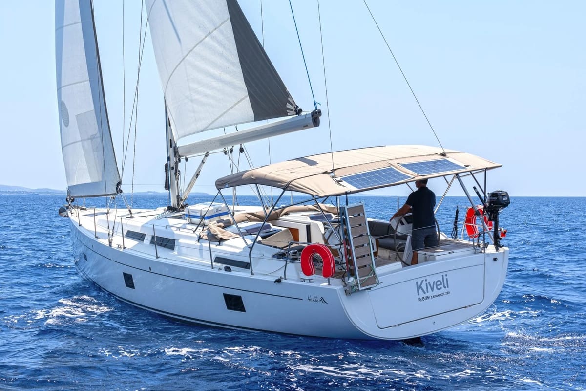 Exterior view of Kiveli, a Hanse Yachts Hanse 458 sailboat at Lavreotiki Municipal Unit, Greece