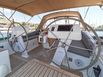 Cockpit of Kiveli, a Hanse Yachts Hanse 458 sailboat at Lavreotiki Municipal Unit, Greece