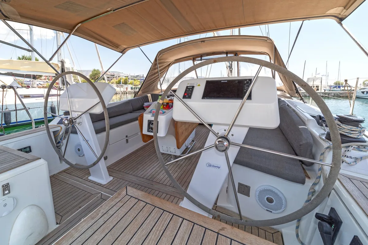 Cockpit of Kiveli, a Hanse Yachts Hanse 458 sailboat at Lavreotiki Municipal Unit, Greece