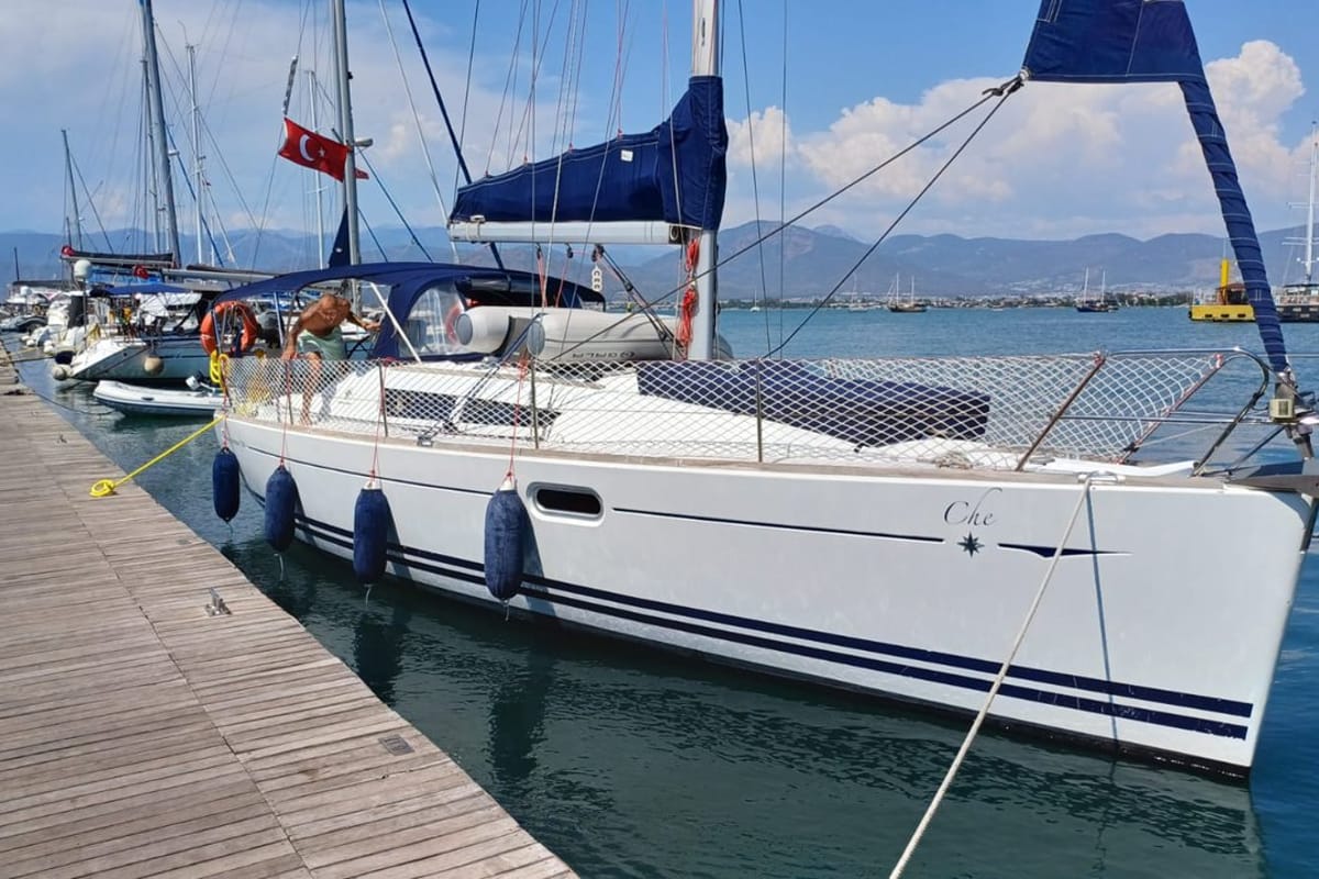 Exterior view of Che, a Jeanneau Sun Odyssey 36i sailboat at Fethiye, Turkey