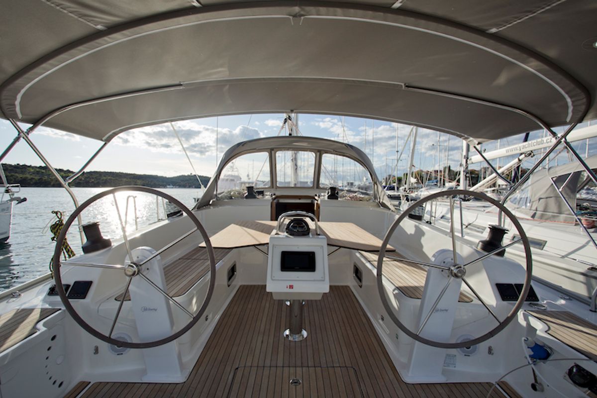 Cockpit of Avatar, a Bavaria Cruiser 46 sailboat at Grad Šibenik, Croatia