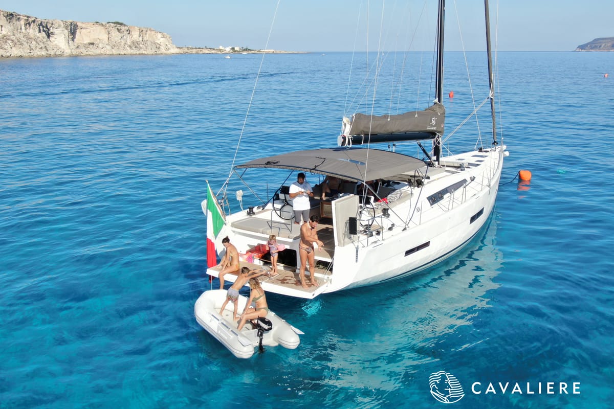 Exterior view of Premium, a Dufour 56 Exclusive sailboat at Castellammare del Golfo, Italy