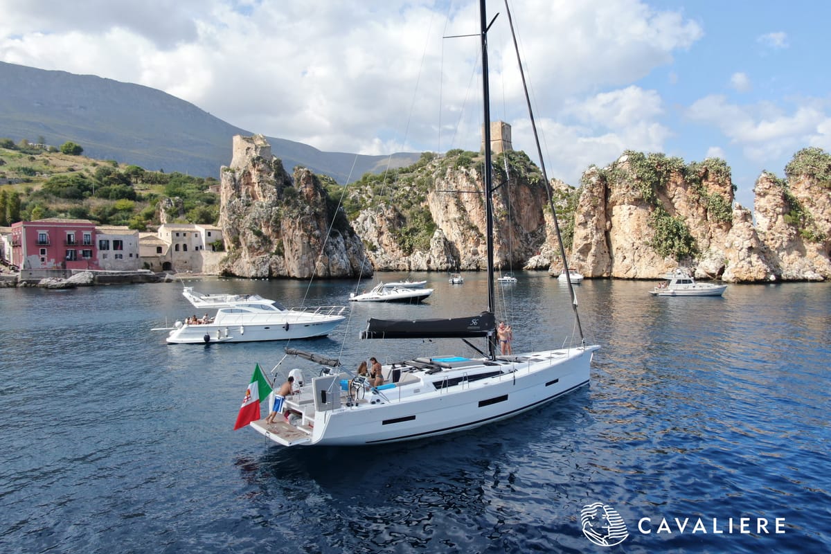 Exterior view of Premium, a Dufour 56 Exclusive sailboat at Castellammare del Golfo, Italy