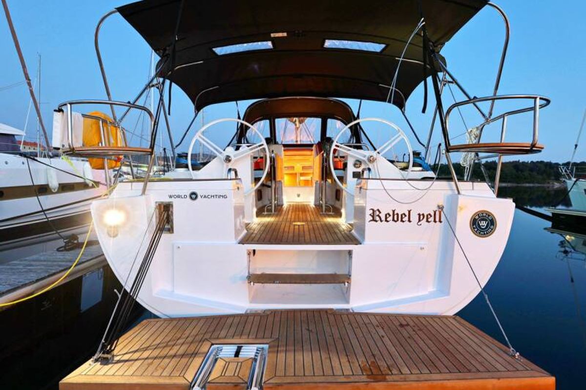 Exterior view of REBEL YELL, a Elan Impression 45.1 sailboat at Grad Pula, Croatia