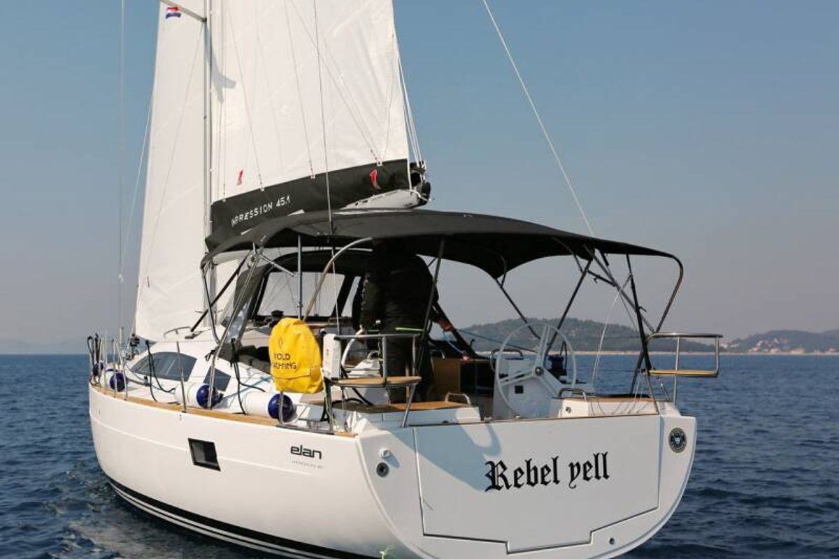 Exterior view of REBEL YELL, a Elan Impression 45.1 sailboat at Grad Pula, Croatia
