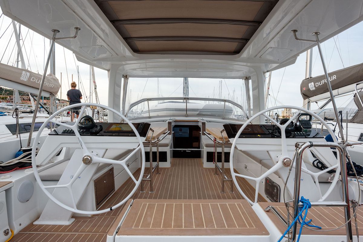 Cockpit of Orsasei, a Hanse Yachts Hanse 460 sailboat at Cannigione, Italy