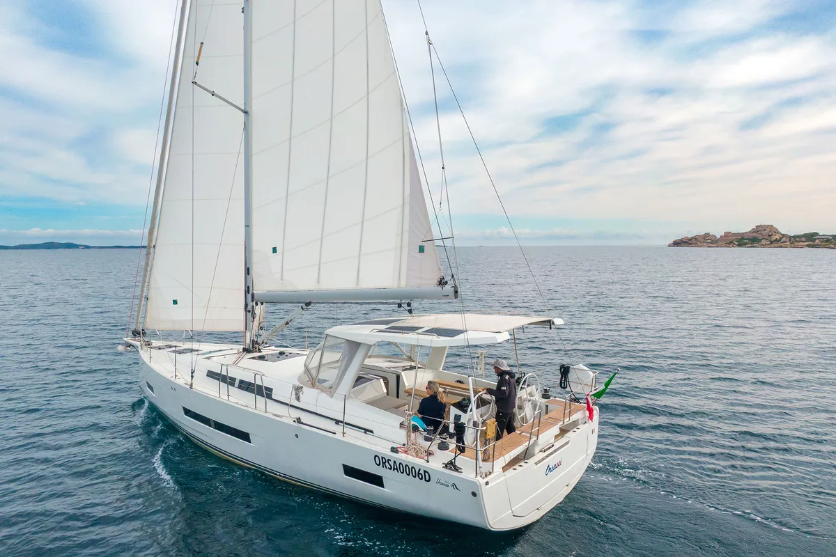 Exterior view of Orsasei, a Hanse Yachts Hanse 460 sailboat at Cannigione, Italy