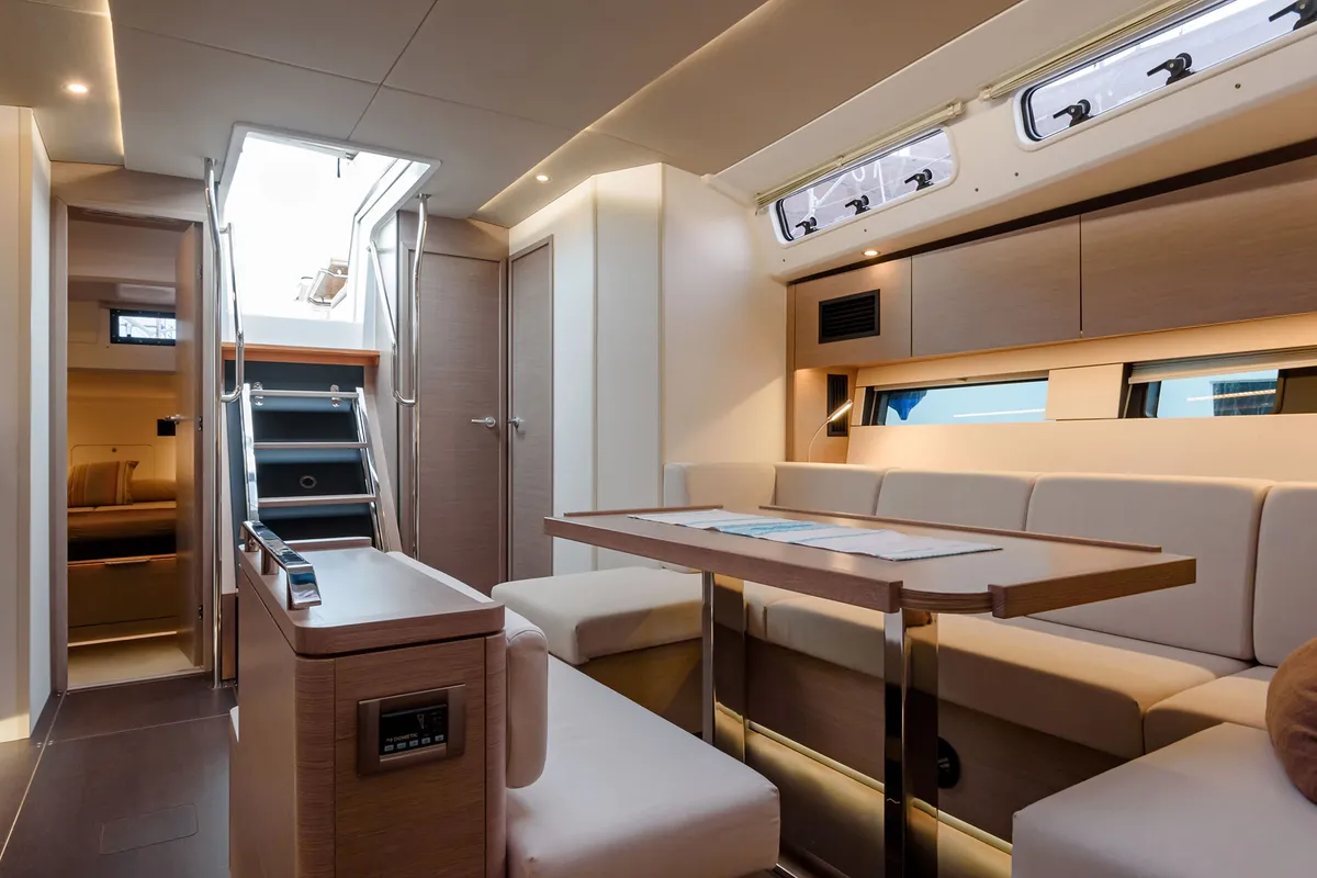 Salon of Orsasei, a Hanse Yachts Hanse 460 sailboat at Cannigione, Italy