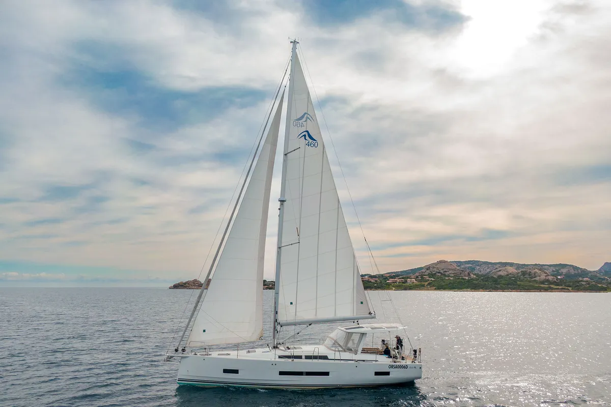 Exterior view of Orsasei, a Hanse Yachts Hanse 460 sailboat at Cannigione, Italy