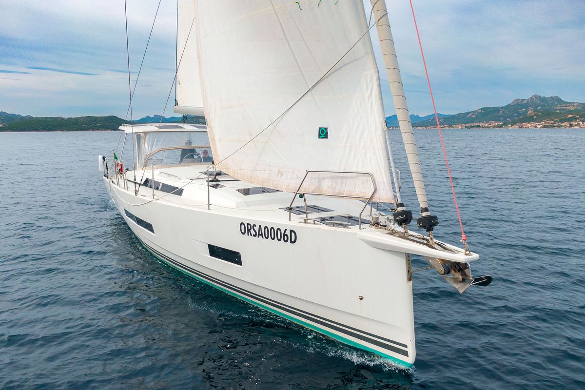 Exterior view of Orsasei, a Hanse Yachts Hanse 460 sailboat at Cannigione, Italy