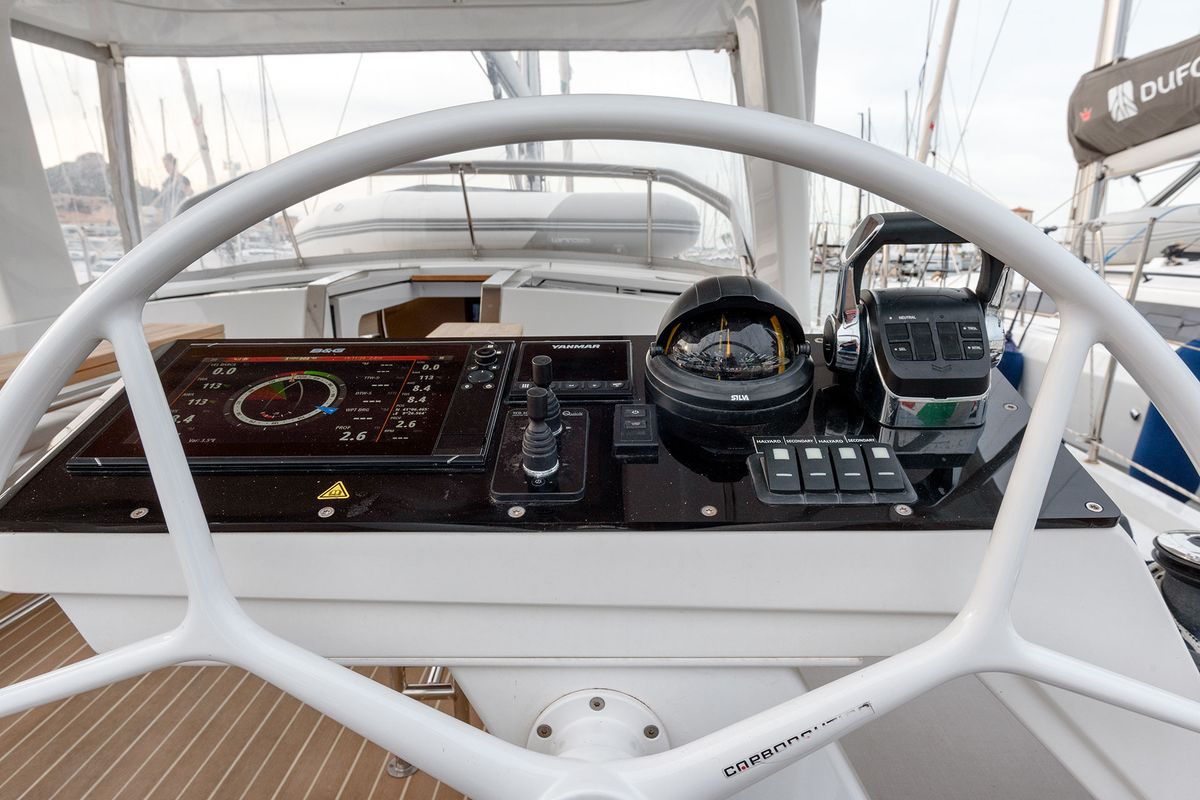 Cockpit of Orsasei, a Hanse Yachts Hanse 460 sailboat at Cannigione, Italy