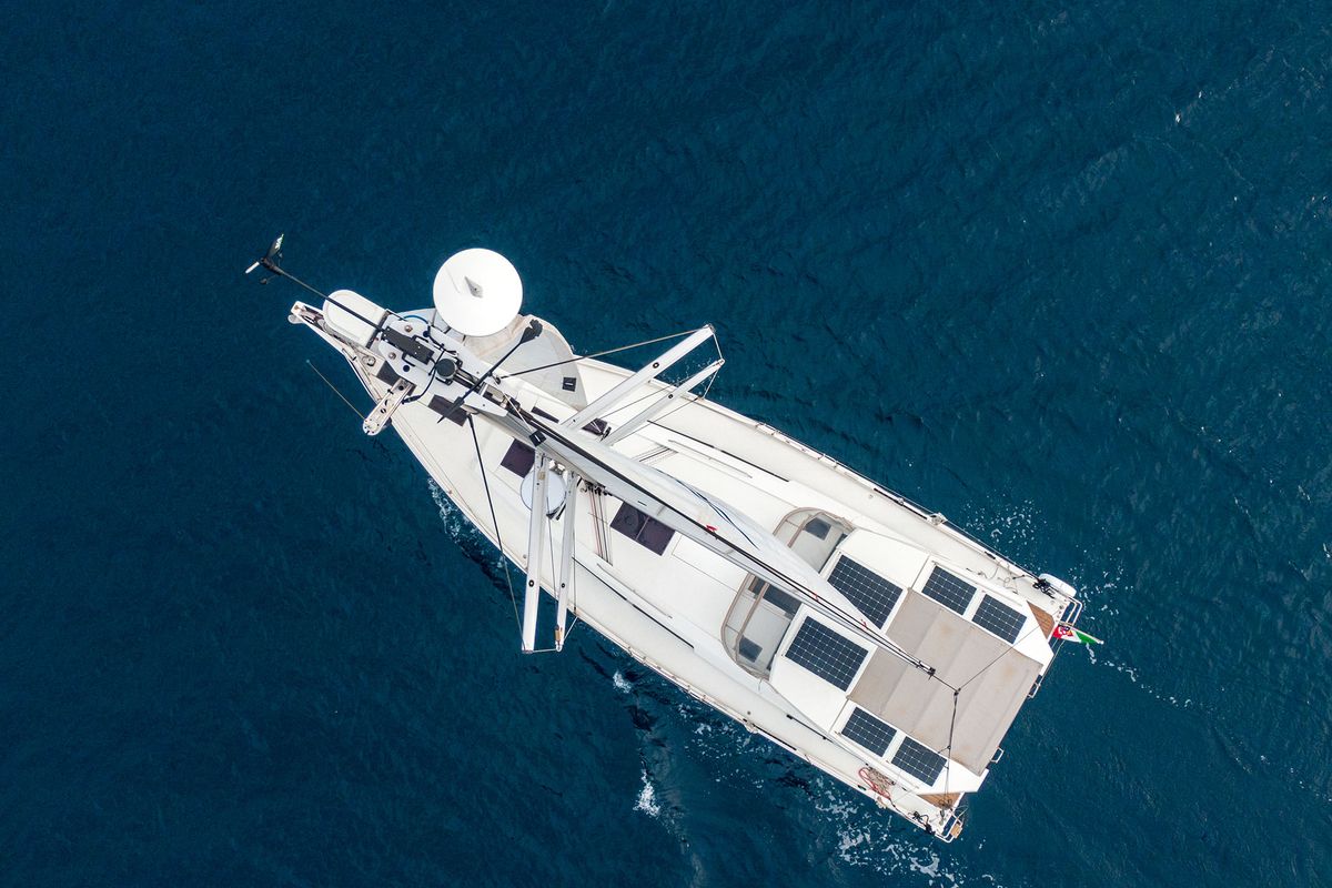 Exterior view of Orsasei, a Hanse Yachts Hanse 460 sailboat at Cannigione, Italy