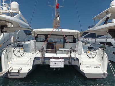 Deck of Lizzy, a Excess 11 - 4 + 1 + 1 cab. catamaran at Fethiye, Turkey