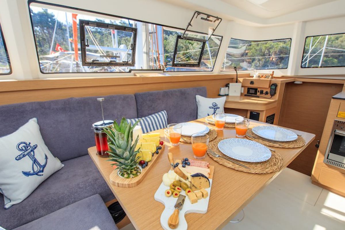 Salon of Lizzy, a Excess 11 - 4 + 1 + 1 cab. catamaran at Fethiye, Turkey