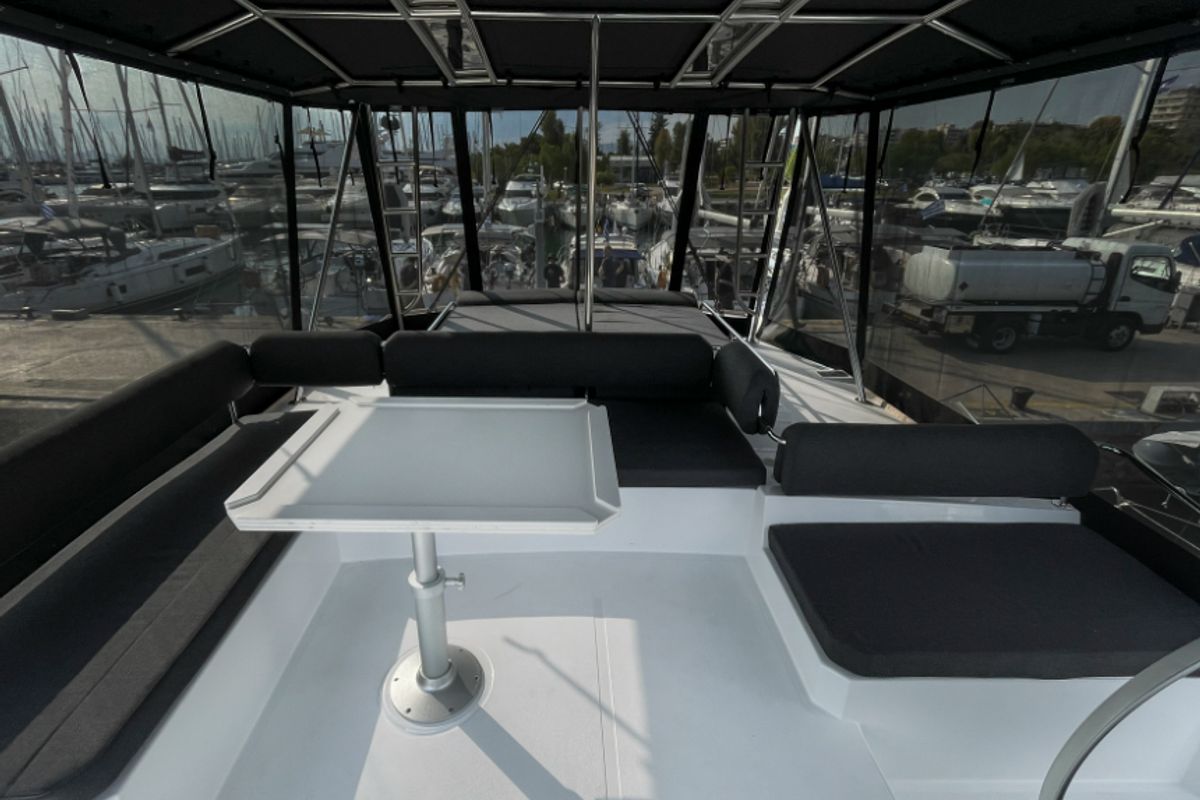 Deck of E. M, a Bali 4.6 catamaran at Athens, Greece