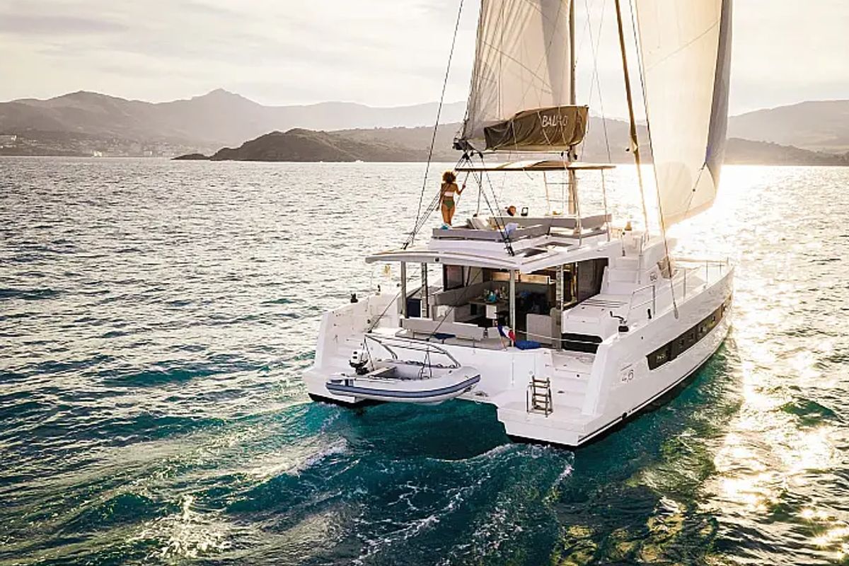 Exterior view of E. M, a Bali 4.6 catamaran at Athens, Greece